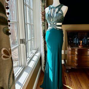 Jasz Couture 5939 Teal Beaded Halter Cutout Prom Gown - Size 2 - NWT